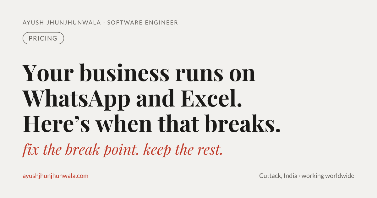 Your business runs on WhatsApp and Excel. Here's exactly when that breaks — and what replaces it